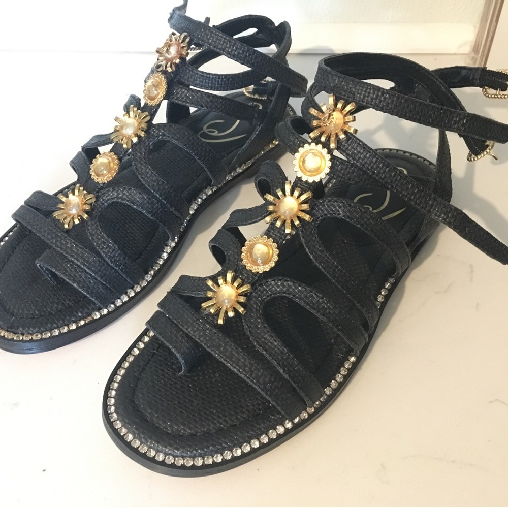 Sam Edelman Black Sandals with Gold Embellishments